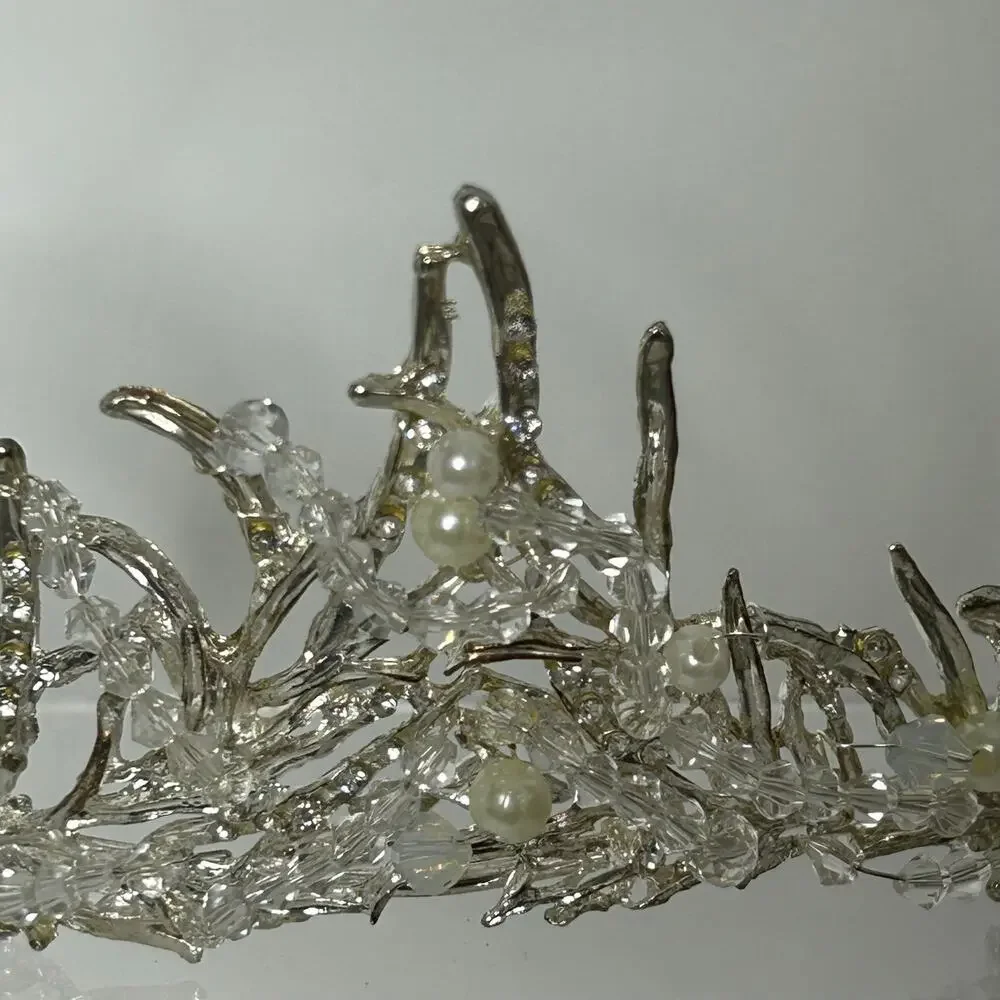 Silver Woodland Fairy Tiara Crystal Beaded Pearl Branch Crown Fantasy Costume